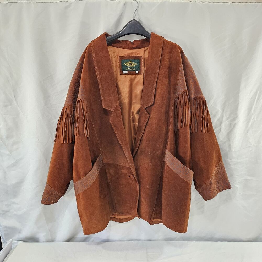 Avanti brown Leopard Fringe PIG SUADE LEATHER Jacket retro vintage Coat. 70s